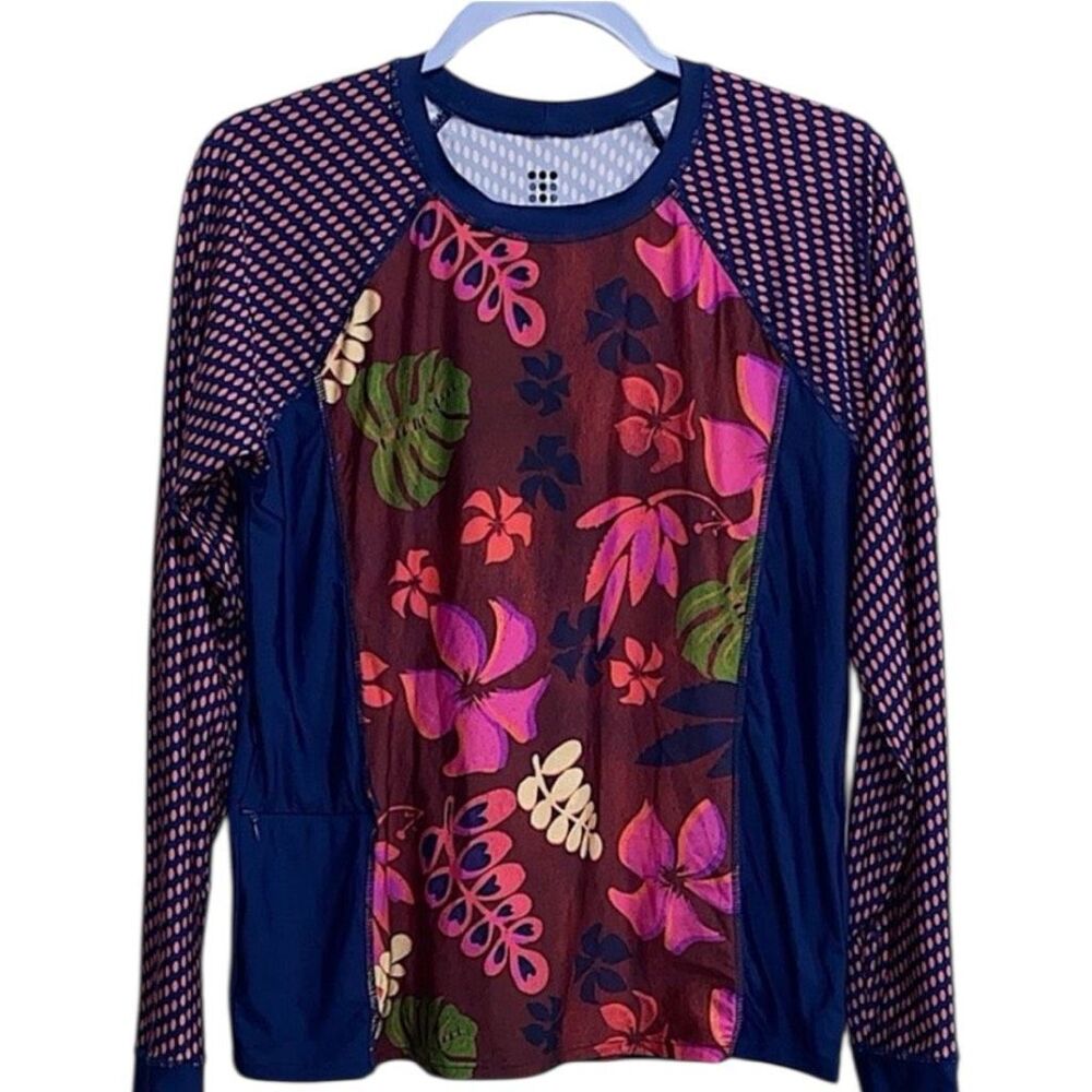 Title Nine Navy Floral Rash Guard Swim Coverup with Pink and Green Accents